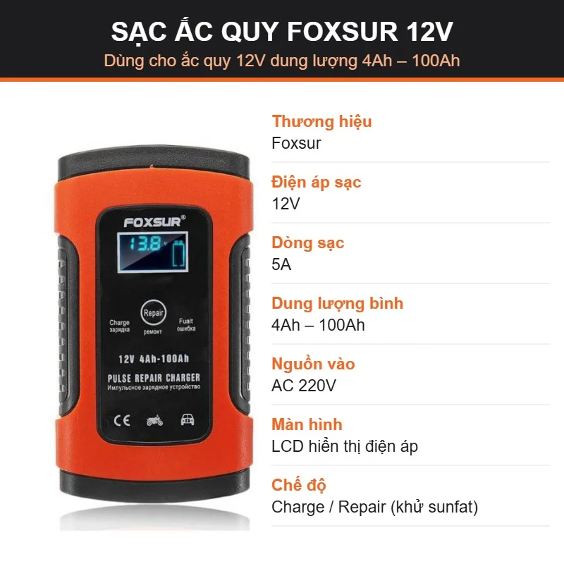 Thông số sạc ắc quy Foxsur 12V 100Ah
